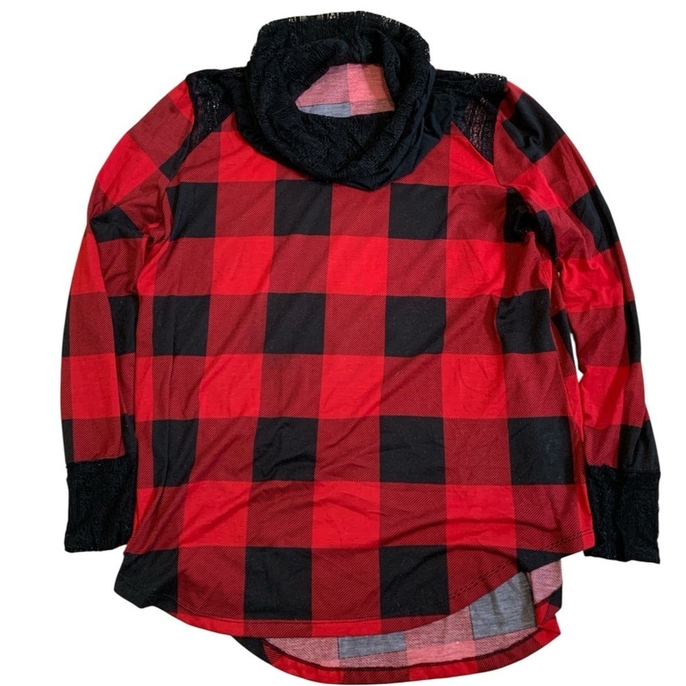 💜 Warehouse One Buffalo Plaid Lace Cowl Neck Top XXL